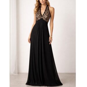 Tadashi Collection Black Lace Halter Neck Evening Gown Maxi Dress  Beaded US 8